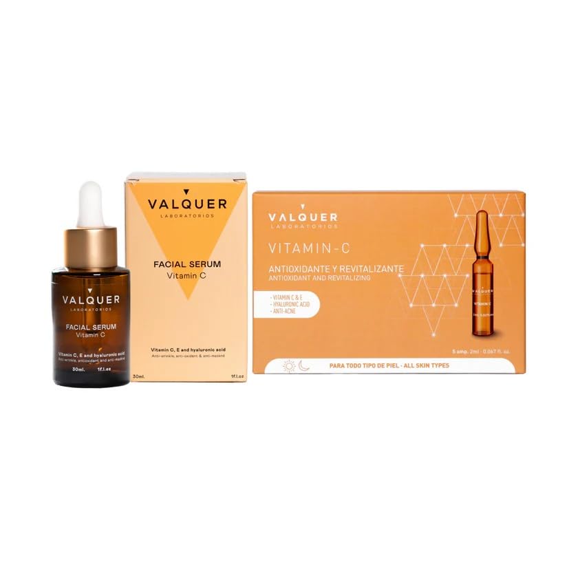 Valquer Pack Facial Serum 30 ml y Ampollas 10 ml, Hidratante y Protector con Vitamina C, E y Ácido Hialurónico. Antiarrugas Revitalizante con Ingredientes Naturales para Todo Tipo de Piel. Vegano.