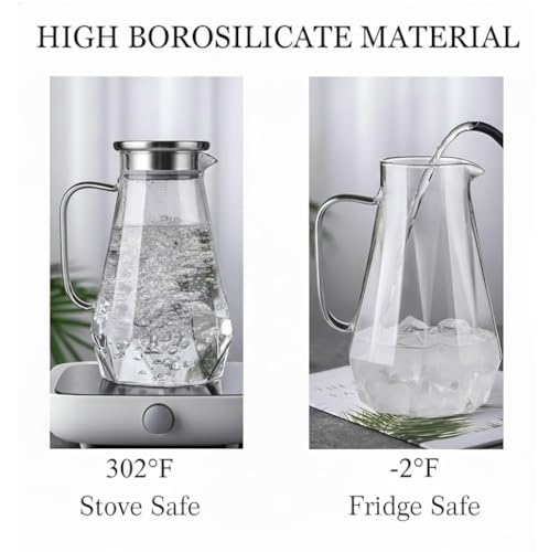 Image of Borosilicate Water Jug with Lid, Stainless Steel Air Tight Lid, Iced Tea Pitcher, Water Jug, Hot Cold Water, Milk and Juice Beverage Carafes - 1450ml Water Glass Jug (Diamond)