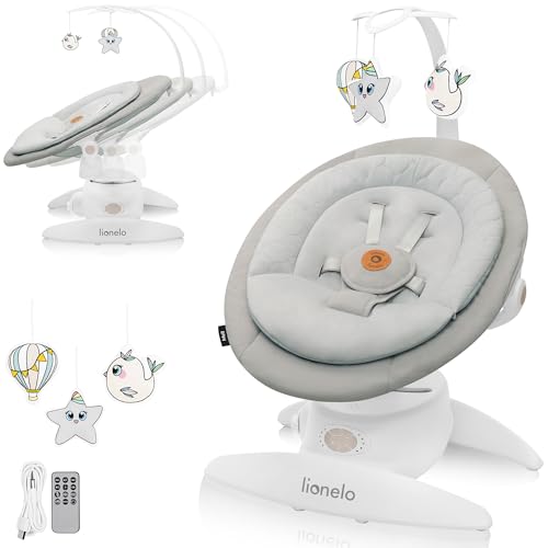LIONELO MELL Mecedora para Bebés 360° Ajustable con 5 Velocidades, Seguridad con Arnés 5 Puntos, 12 Melodías, Bluetooth, Hamaca Ergonómica con Almohada de Bambú, Silla Silenciosa y Lavable (Beige)