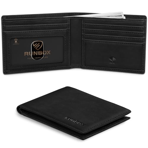 RUNBOX Leather Wallets for Men, RFID Slim Bifold Card Holder Cash Pocket, Black, Classic