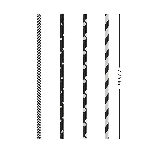 Image of ALINK Biodegradable Black Paper Straws, 100 Stars /Dots /Stripes /Waves Drinking Straws for Juice, Cocktail, Smoothies, Birthday, Wedding, Bridal /Baby Shower and Celebration