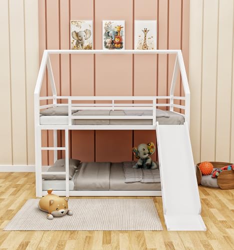 Image of Kids Bunk Bed with Slide & Ladder - House Shaped Twin Over Twin Bed Frame for Boys & Girls | Metal Low Loft Bunk for Toddlers & Children | Modern White Playhouse Bed for Kids Room