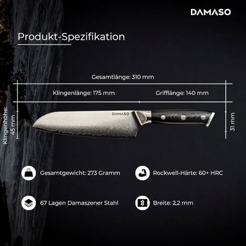 Damaso Santoku Messer (17,8cm), Black Pearl Kochmesser aus 67 Lagen Damastmesser, Japanisches...