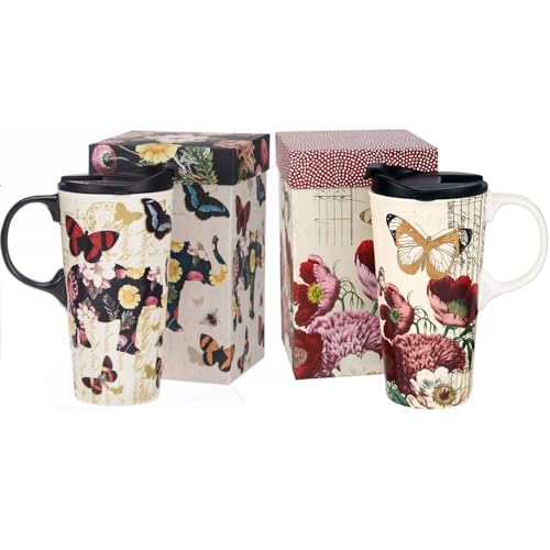Topadorn Ceramic Coffee Mug Set of 2, 17 Oz Tea Cups with Handle and Lid for Latte, Tea, Cappuccino, Milk, Cocoa, Microwave&Dishwasher Safe, Flowers and Butterflies