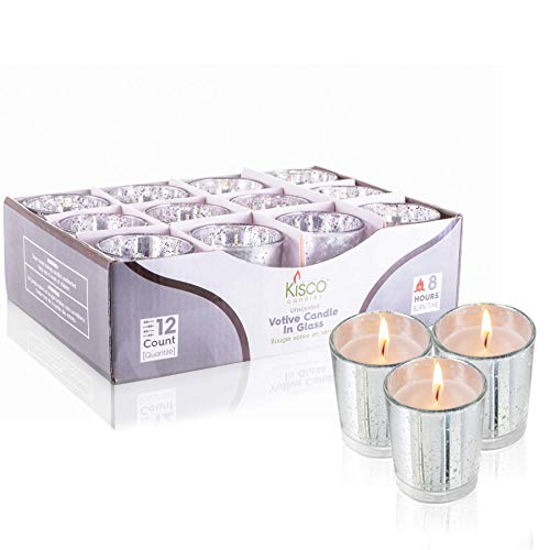 KISCO CANDLES Votive Candles with Holders 12-Pack 8 Hours | Silver Decorative Glass Home Décor | Beautiful Living Room, Kitchen, Bathroom Lighting | Long-Lasting Wax