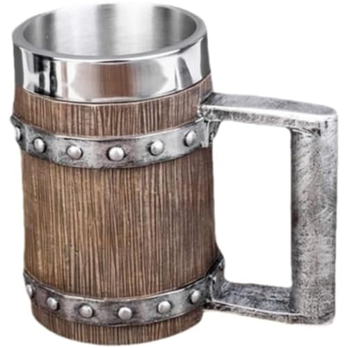 ビールジョッキ マグカップ レトロ風 木製スタイルのビールジョッキ 600ml 、手作りビールマグ 酒器 バー 家庭用 大容量304ステンレスマグカップ個性的樹脂 クリスマスギフト パーティーデコレーション 紅茶 飲料 カップ 酒器 (B)