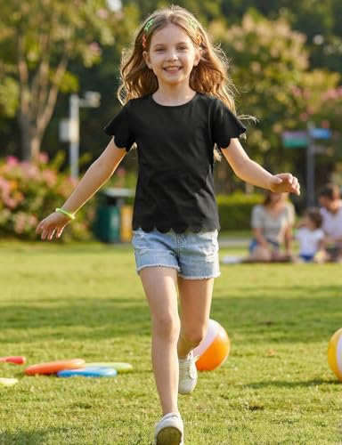 Image of Noomelfish Girls Short Sleeve Scalloped Edge T-Shirts Casual Cute Summer Tee Tops Blouse (5-12 Years)
