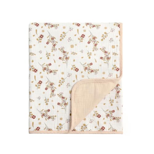 Image of CREVENT 40''X40'' 100% Organic Cotton Muslin Baby Blanket for Newborns, Essential for Baby Shower Birthday Gift - Beige Flower 100X100cm