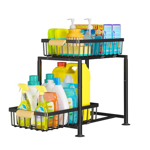 Mointal Schubladen Organizer mit 2 ausziehbaren Schrankkörben & Holzgriffen, Küchenregal für Spülunterschrank & Arbeitsplatte, als Gewürzregal, Höhenverstellbar, Schwarz