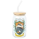 Silver Buffalo Harry Potter Hogwarts Hufflepuff House Crest Glass Jar Tumbler with Bamboo Lid and Glass Straw, 16 Ounces