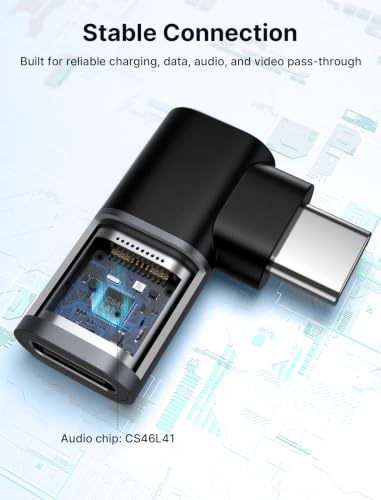 Image of JSAUX 90 Degree USB-C Male to USB-C Female Adapter 2-Pack, 40Gbps Data Transfer PD 100W USB Type-C 3.1 Extender for MacBook, ROG Ally, Switch, Steam Deck, VR, iPhone 15 and More Laptop, Tablet, Phone | Left and right angle adapter helps reduce cable strain while supporting 100W charging, 40Gbps transfer, and 4K /60Hz video