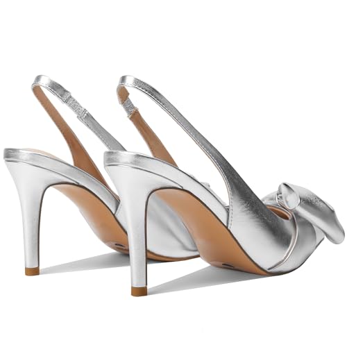 Image of Women's Slingback Heels with Bow Pointed Toe Pumps with Elasticated Strap 3.3 inch High Heels for Evening Dress Shoes