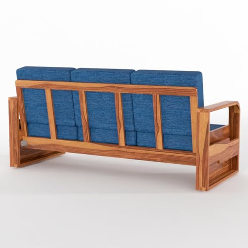 Image of Solid Sheesham Wooden 3 Seater Sofa for Living Room | Sofa with Side Pocket Storage & Cushion | Rosewood Sofa Set for Home (Honey with Blue Cushion, 3 Seater)