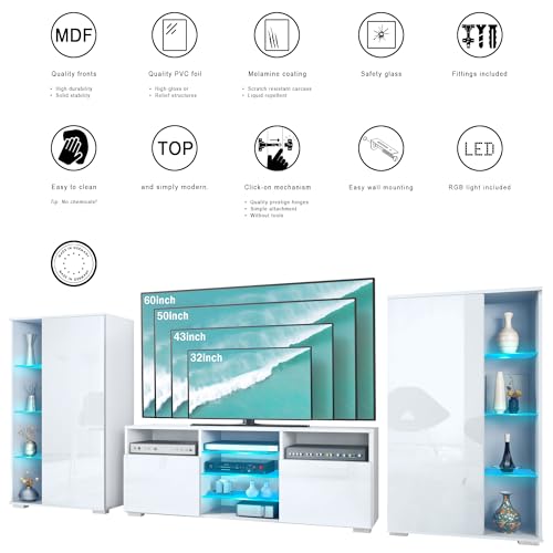 Vladon Wohnwand Davos, Anbauwand bestehend aus 2 Vitrinen und 1 TV-Board, Weiß matt/Beton Oxid Optik inkl. LED-Beleuchtung (329 x 134 x 35 cm) – Bild 5