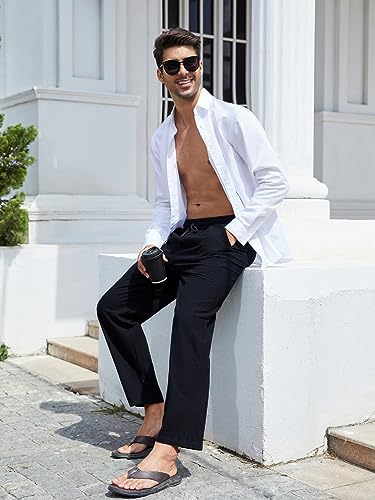 Men's Cotton Linen Loose Pants Casual Drawstring Elastic Waist Beach Trousers4