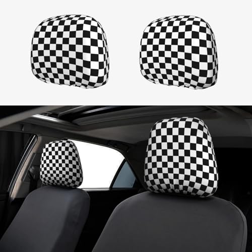 GaxfjRu Juego de 2 fundas para reposacabezas de coche a cuadros en blanco y negro, antideslizante, tela elástica, accesorios de coche para todas las estaciones