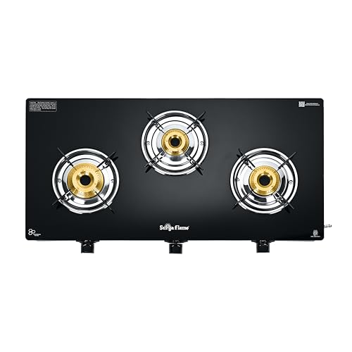 Image of Surya Flame Maestro 3-Burner Gas Stove, Toughened Glass Top, 1 Jumbo Burner + 2 Tri-Pin Brass Burners, Manual Ignition, Black
