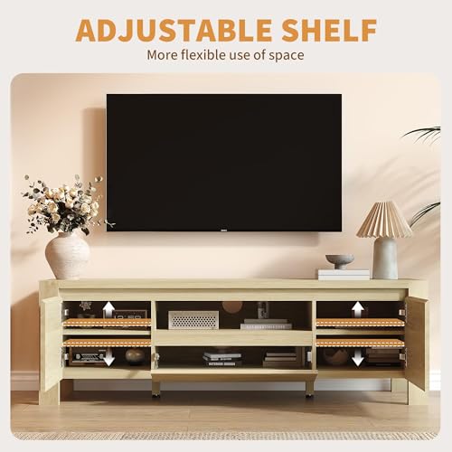 Image of TV Stand with Cabinet Doors, Entertainment Center with Adjustable Shelves, Media Console with Cable Management for Living Room or Bedroom,Natural Wood
