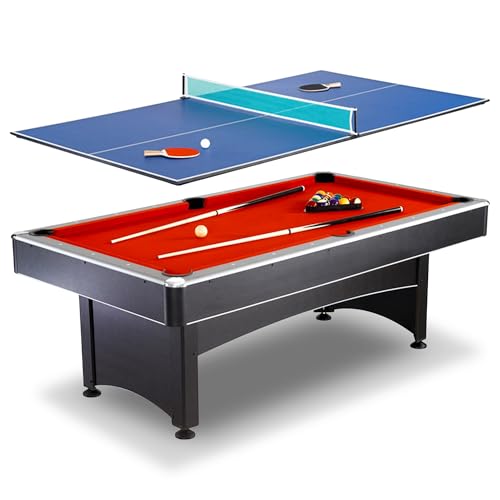 Hathaway Maverick 7 Foot Pool Table with Table Tennis Top – With Accessories for Both Games – Space-Saving Ping Pong and Pool Table Combo for Families – Matte Black Finish, Red Felt