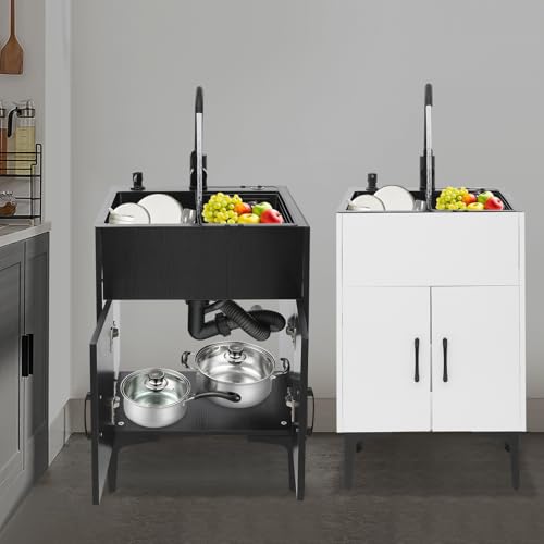 20-Inch Laundry Sink with Cabinet & 360° Swivel Hot/Cold Faucet, Freestanding Kitchen Sink Cabinet with Stainless Steel Sink & Drain Basket, Black Cabinet with Sink for Laundry&Utility Room - Thumbnail 4