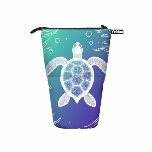 Image of Swono Turtle Pencil Pouch Marine Ocean Sea Aquatic Tortoise Line Art Style Stand Up Pencil Case Organizer Pencil Holder Makeup Bag Gift Aqua Blue