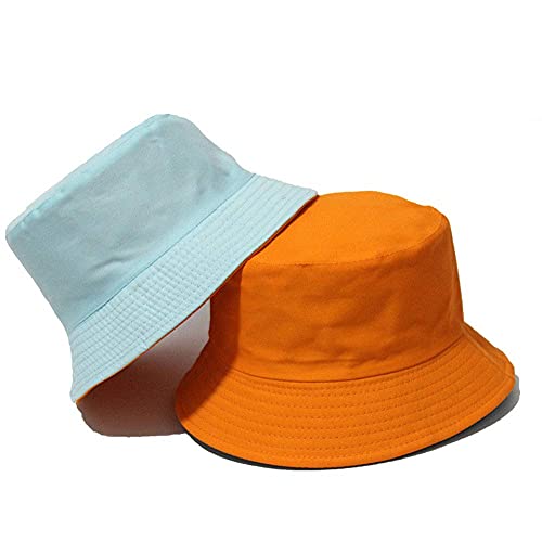 Simple Casual Bucket Hat Double-Sided Wear Outdoor Cap Summer Travel Solid Color Beach Sun Hat Unisex Couple Hat (Orange+Sky Blue) #TOP3