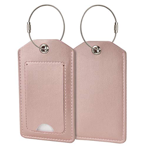 COCASES 2 Pack Luggage Tags Travel Tags Bussiness Card Holder with Name ID Card Privacy Covers Steel Loops - Rose Gold