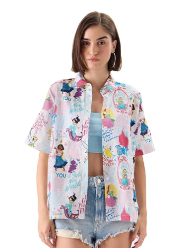 Image of The Souled Store Official Disney 100: Classic Women and Girls Short Sleeves Collared Neck Button Front White All Over Printed Casual Summer Ready Easy to Style Cotton Boyfriend Shirts