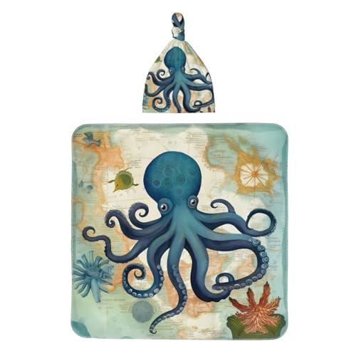 Image of Map Octopus Sea Animals Baby Swaddle Blanket with Beanie Set, Newborn Receiving Blankets 35.4"X 35.4" Compass Soft Swaddle Wrap Baby Stuff for Infant Boy Girl Gift