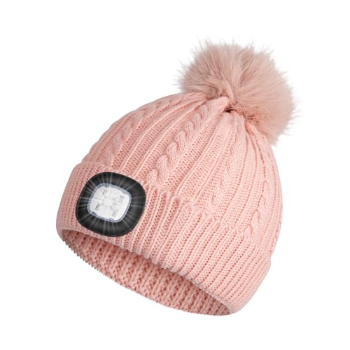 Shedoo Mütze mit Led Licht, Winter Wärmer Strickmütze für Damen und Mädchen, USB Wiederaufladbare LED Beleuchtete Beanie Mütze mit Licht, LED Licht Mütze für Jogging,...