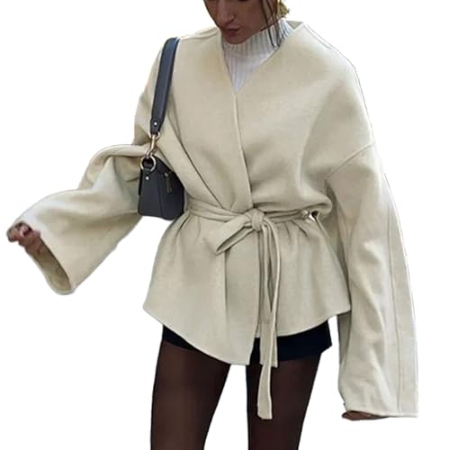 CHARTOU Women Cropped Wool Blend Pea Coat Fall Winter Belted Short Trench Overcoat Jacket Dressy Outwear