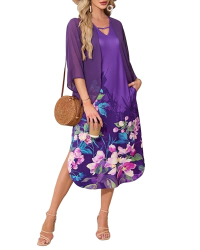 Image of Honwenle Women's Summer Maxi Dress 2 Piece Outfit Sleeveless Loose Split Dresses with Cover up Casual Formal