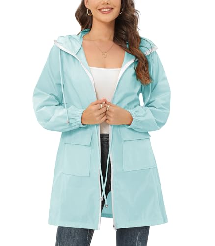 Women's Waterproof Rain Jacket with Hood Lightweight Packable Long Raincoat Windbreaker for Outdoor Activities