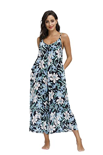 Image of BUENOS NINOS Women's V Neck Floral Maxi Dress Boho Printed Adjustable Spaghetti Strap Ethnic Beach Long Dress with Pockets