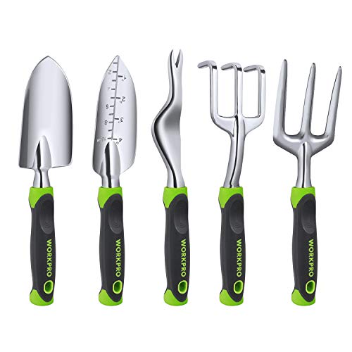 WORKPRO Garden Tool Set 5 Pieces Gardening Work Gifts Cast Aluminum Outdoor Hand Tools Kit for Men and Women Including Trowel Transplanter Weeder Hand Fork Cultivator