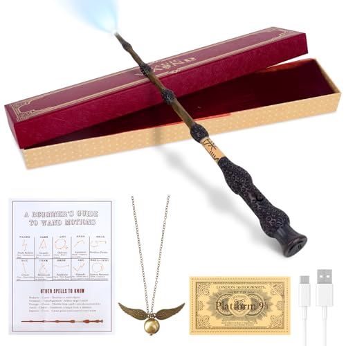 PLLYPE Baguette magique avec lumière, 38 cm, chargement USB, dans une boîte cadeau, avec carte de sort, carte de transport et collier, pour Halloween,...