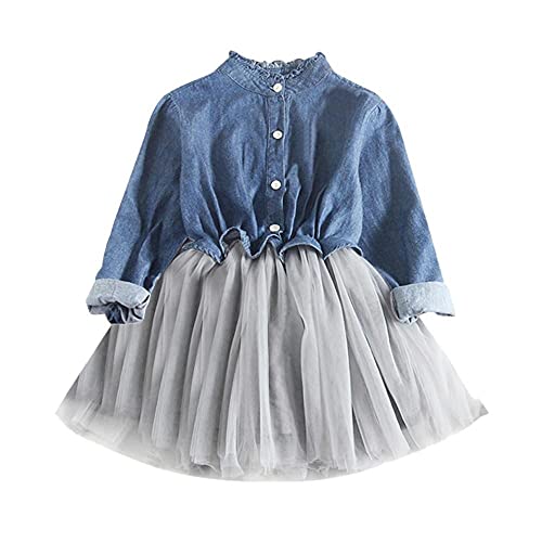 Kiorc Little Girl Long Sleeve Denim Dress Toddler Girl Denim Splicing Gauze Tutu Dress Autumn Outfit for Back to School