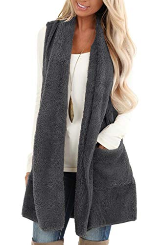 Reachme Womens Sleeveless Sherpa Vest With Pockets Lapel Open Front Fleece Cardigan Sweater Fuzzy Jacket Coat(01 Dark Grey,S) #TOP7