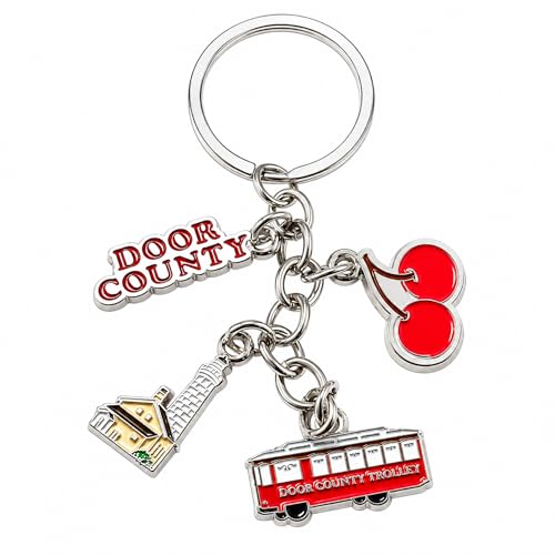 Westmon Works Door County Wisconsin Souvenir Keychain – Metal Charm Key Ring with Cherry, Lighthouse & Trolley Charms – Cute Travel Gift for Women & Men, Vacation Keepsake Accessories