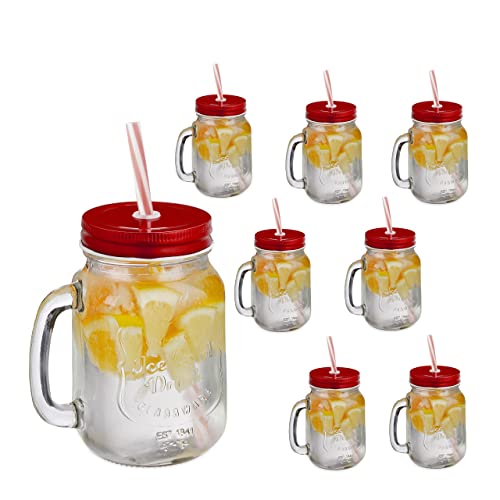 Relaxdays Jarras con Tapa y Pajita, Set de 8 Jarritas Limonada, 500 ml, Verano, Vasos Retro Veraniegos con Asa, Rojo, Hierro