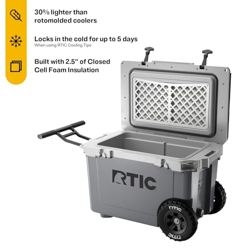 Image of RTIC 52 Quart Ultra-Light Wheeled Hard Cooler Insulated Portable Ice Chest Box for Beach, Drink, Beverage, Camping, Picnic, Fishing, Boat, Barbecue, 30% Lighter Than Rotomolded Coolers