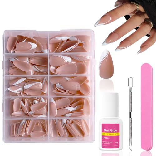 Ceboic 240 Piezas Uñas Postizas Francesas Estileto, 10 Tamaños Almendra Rayas Blancas Artificial Puntas de Uñas, Kit de Tips Uñas Falsas Naturales con Pegamento para Mujeres y Niñas DIY Manicura