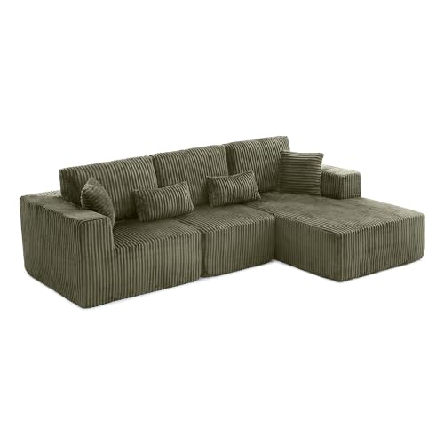 Image of L Shaped Modular Boneless Sectional Couches for Living Room, Wide Armrest, Deep Seat, Memory Foam, Assembly Free, Modern Comfy Corduroy Fluffy Cloud Sofa with Right Chaise, Green