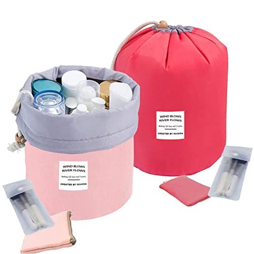 INVODA Drawstring Cosmetic Bag 2PCS Travel Makeup Bag for Women Toiletry Bag Portable Drawstring Make up Organizer Bag for Travel (Pink+Red)