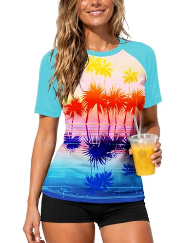 Image of AOBUTE Women Short Sleeve Rash Guard UPF 50+ Tropical Sun Protection Floral Swim Shirts