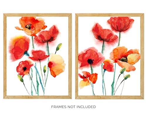 Westbrook Design Studio Red Abstract Poppy Flowers No.14 Wall Art Prints - Set Of 2-11X14 Unframed Watercolor Aesthetic Floral Decor In Colorful Shades Of Red & Orange On White. #TOP4