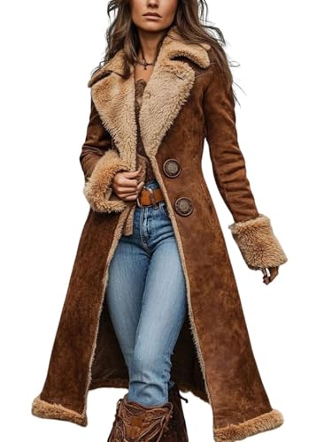 utcoco Womens Faux Suede Shearling Jacket Coat Lapel Fleece Long Sleeve Vintage Western Winter Outerwear (Large Brown)