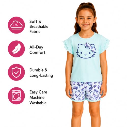 Image of Hello Kitty Girls Short Set - 2 Piece Short Sleeve Graphic Tee and Shorts Clothing Outfits (Sizes: 2T-12)