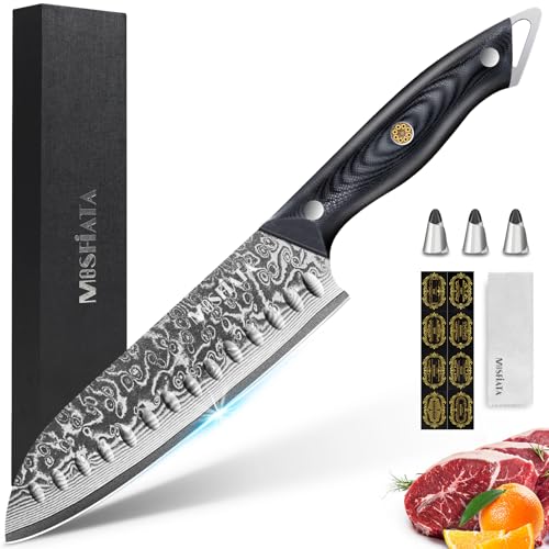 MOSFiATA Damast Santoku Messer 7 Zoll-Japanisches Küchenmesser aus Damaszener Stahl-Damastmesser mit Tuch, 3 Fingerhüllen und exklusiver...
