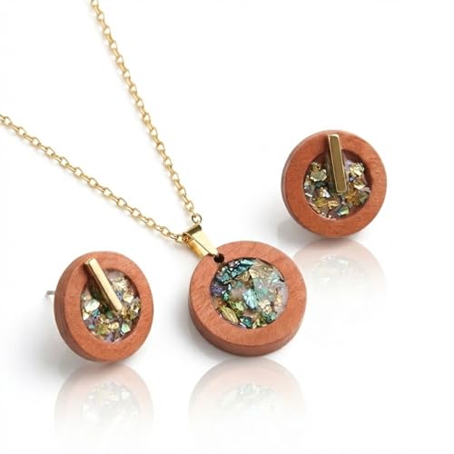 Edelys Parure Bijoux Bois et Or - Coffret Collier et Boucles d'Oreilles Femme - Résine et verre pilé - Artisanal Fait Main France - Cadeau Original Nature...